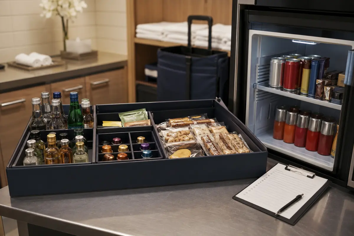 Organized housekeeping minibar restock kit with separated beverages and snacks