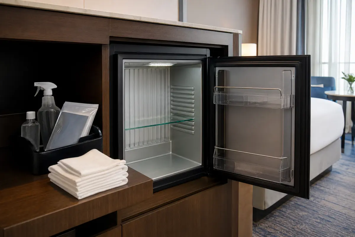 Spotless empty minibar interior prepared with safe cleaning supplies