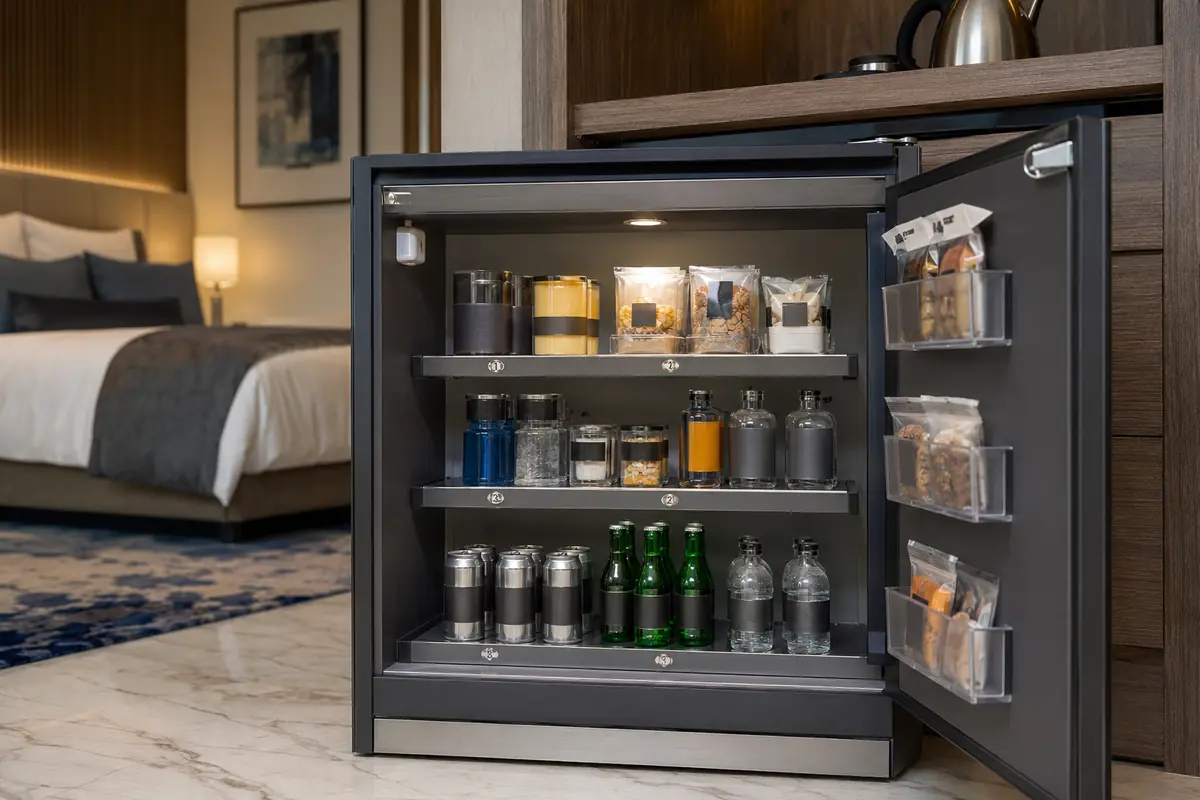 Tamper-aware hotel minibar with sealed products and a discreet door sensor
