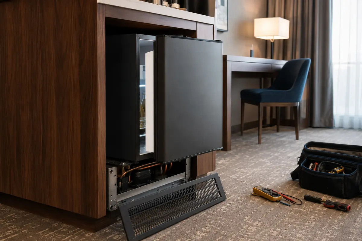 Hotel minibar positioned for maintenance with ventilation and diagnostic tools visible