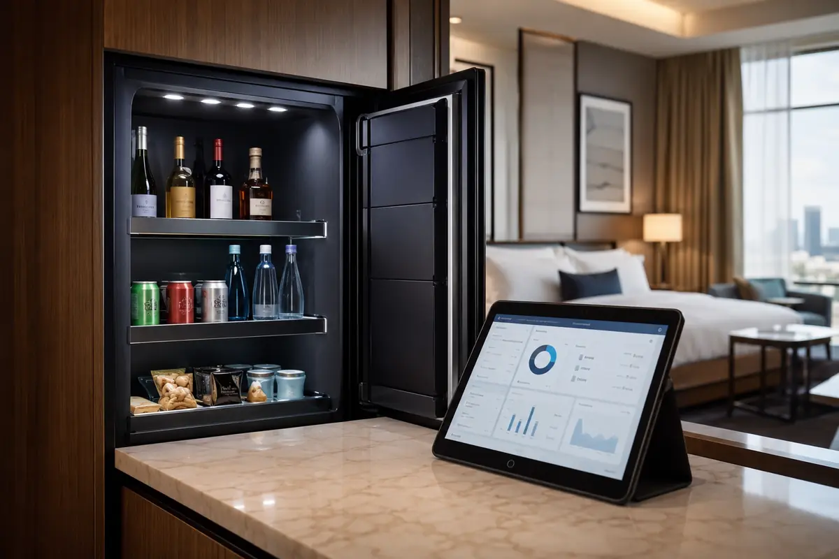 Open smart minibar with sensor shelves and tablet inventory dashboard