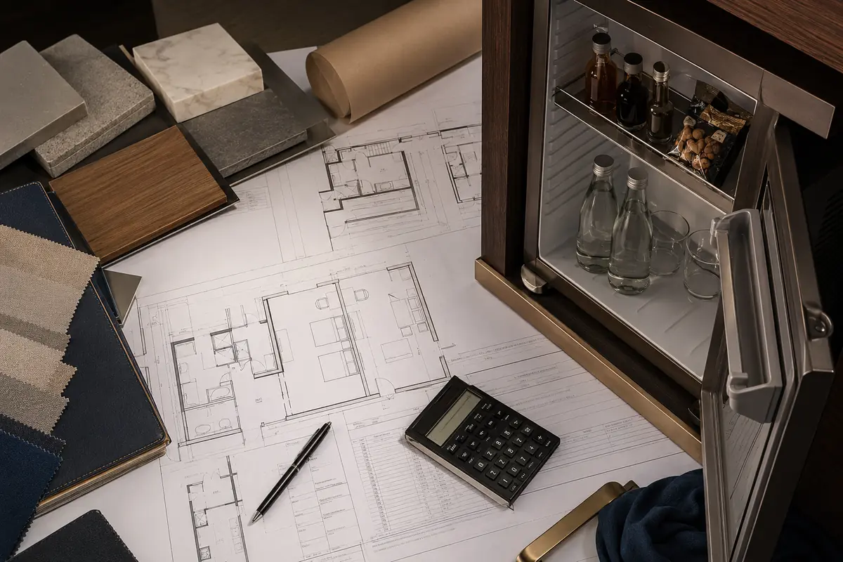 Hotel procurement desk with room plans, calculator, and minibar sample
