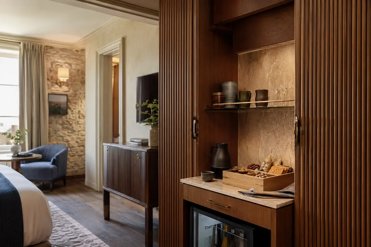 Character-rich boutique hotel minibar with crafted materials and curated snacks