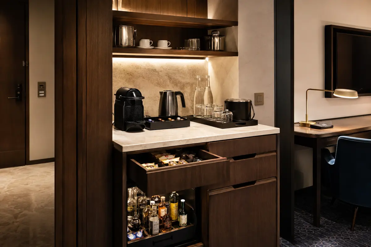 Efficient executive hotel beverage station with coffee, kettle, water, and minibar