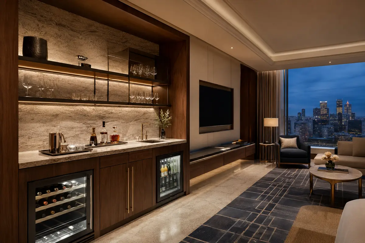 Five-star hotel suite with an integrated minibar wall and beverage station