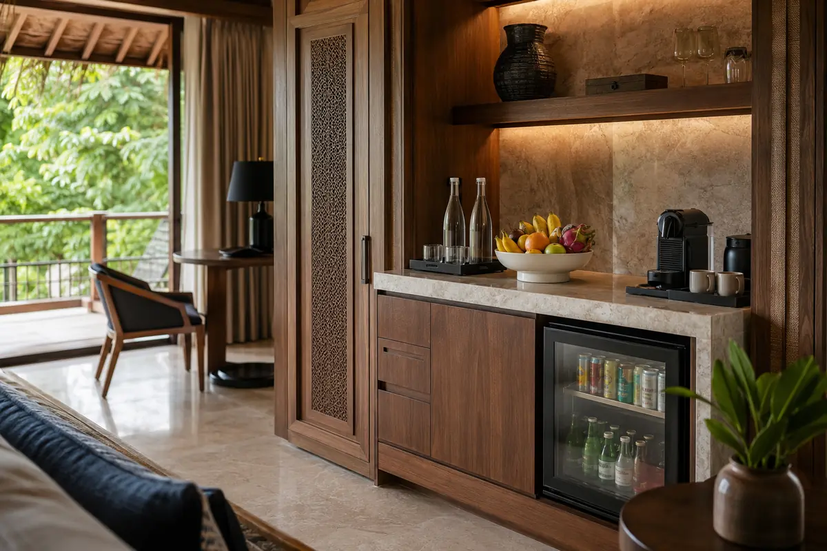 Tropical resort villa beverage station with minibar, water, fruit, and coffee service