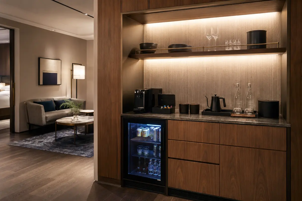 Serviced apartment kitchenette with undercounter minibar and reusable beverage service