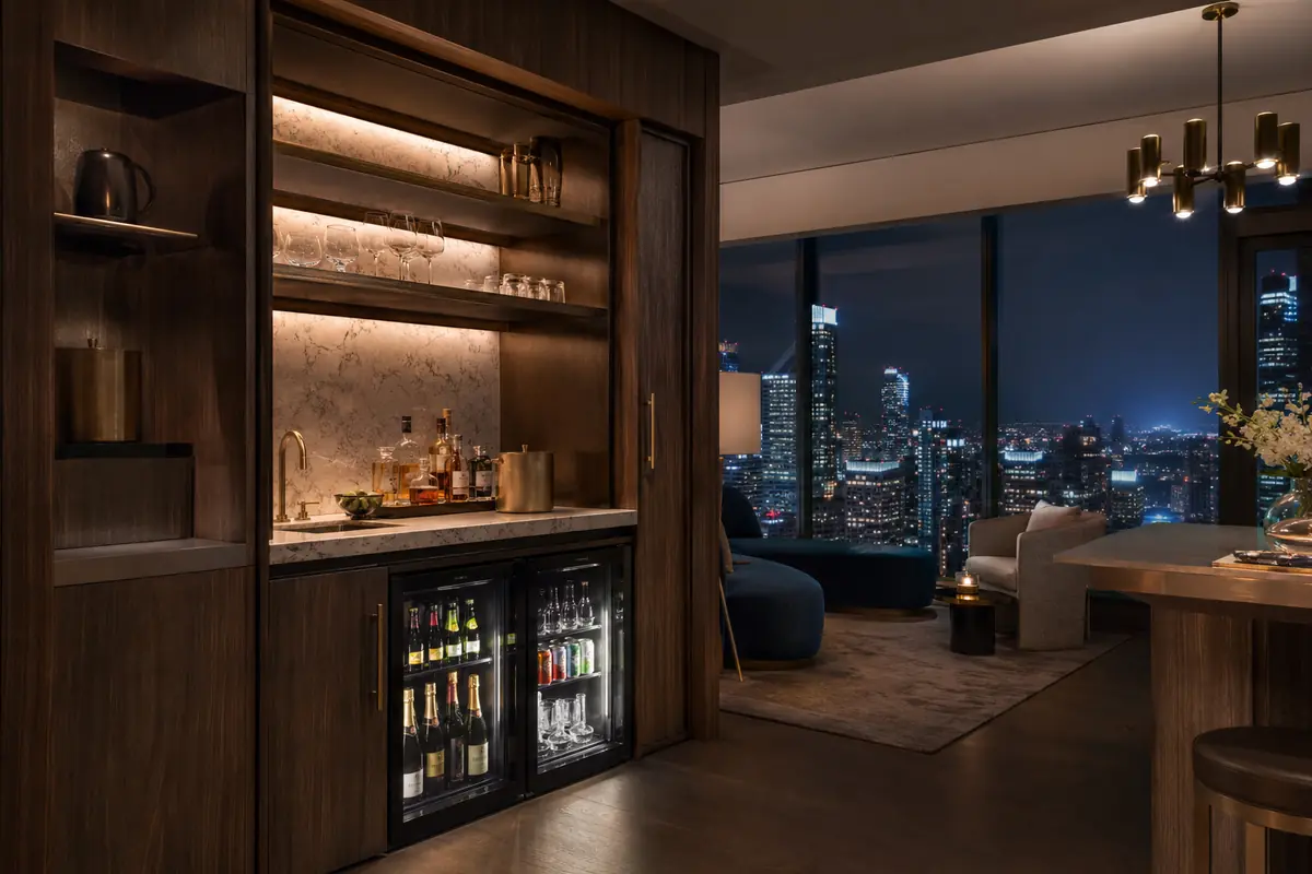 Rooftop hotel suite bar and premium minibar overlooking city lights