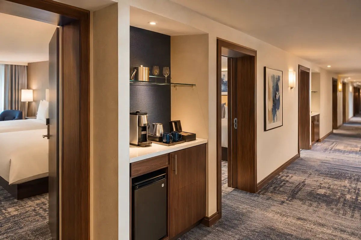 Hotel corridor showing a coordinated guest-room beverage-station rollout