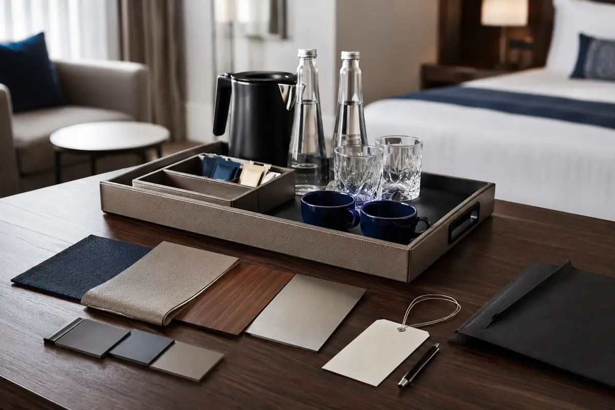 Preproduction minibar tray sample staged with hospitality finish swatches