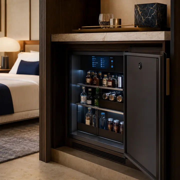 Smart hotel minibar with sensor shelves and digital inventory control