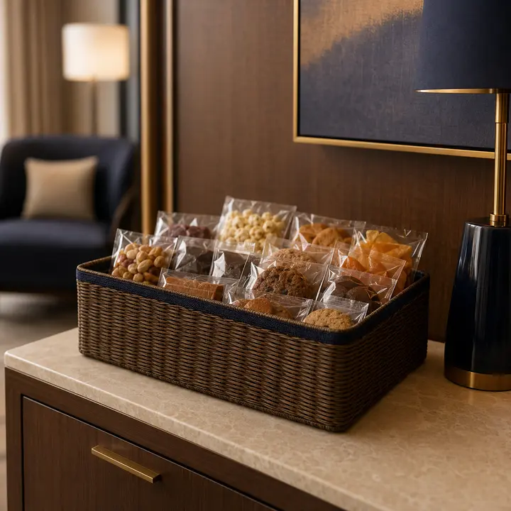 Hotel snack basket filled with individually wrapped premium snacks