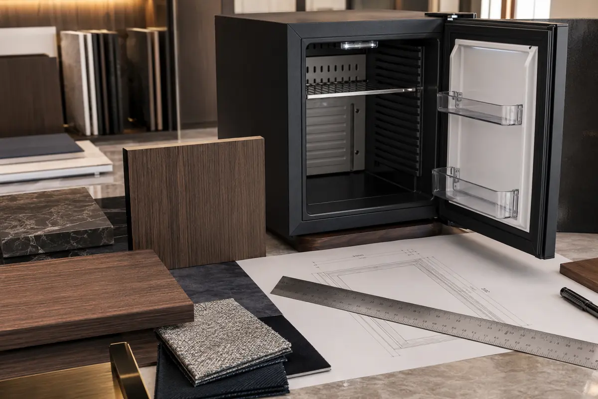 Minibar dimensions and finish samples being reviewed on a specification table