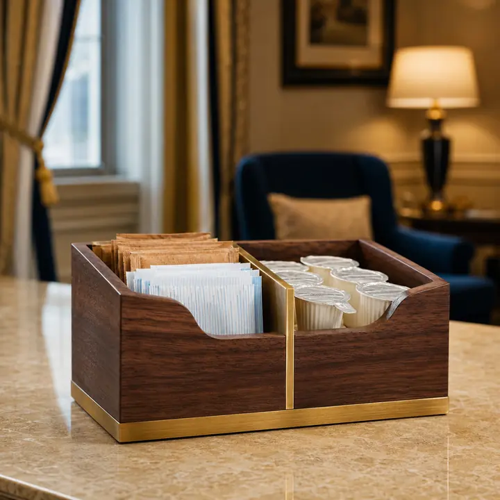 Divided walnut and brass sugar and creamer holder on a stone hotel counter