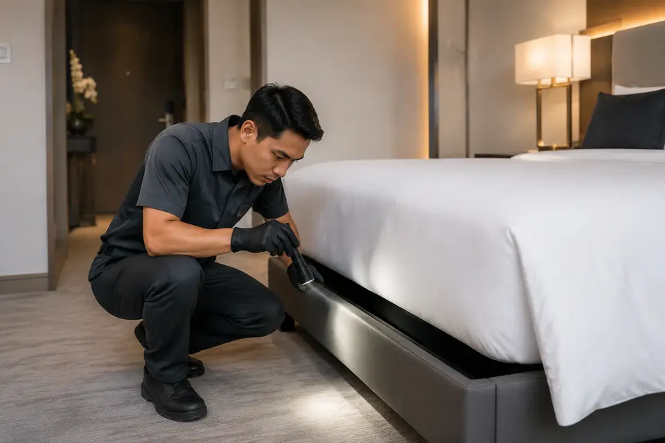 Bed Frame Check Bed Frame Check in a hospitality pest and bed bug control program