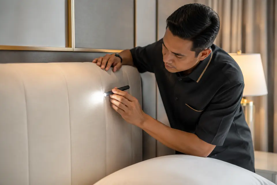 Headboard Seam Check Headboard Seam Check in a hospitality pest and bed bug control program