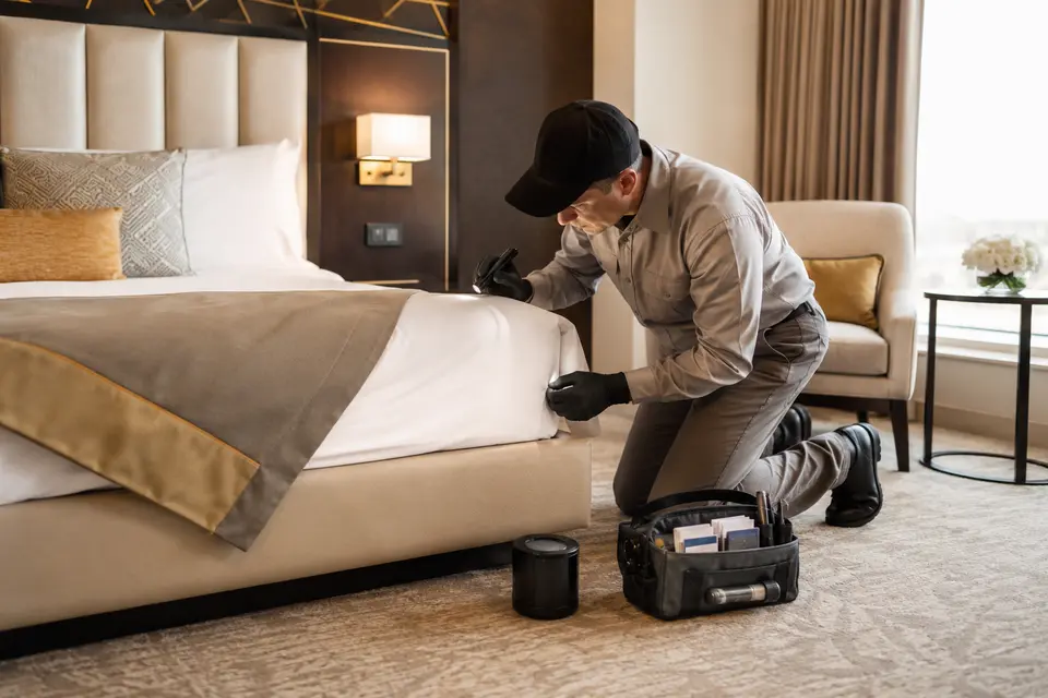 Pest and bed bug control supplies Hospitality pest-control technician inspecting a guest room with monitoring equipment
