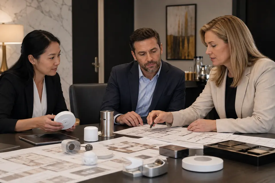 Pest-control sourcing consultation Hospitality team reviewing a pest inspection report and equipment specifications