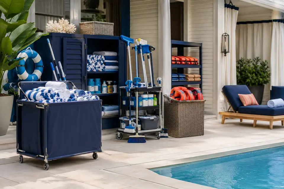 Organized towel service, pool cleaning, and safety operations