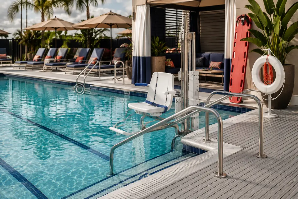 Accessible pool lift, rescue equipment, handrails, and anti-slip decking
