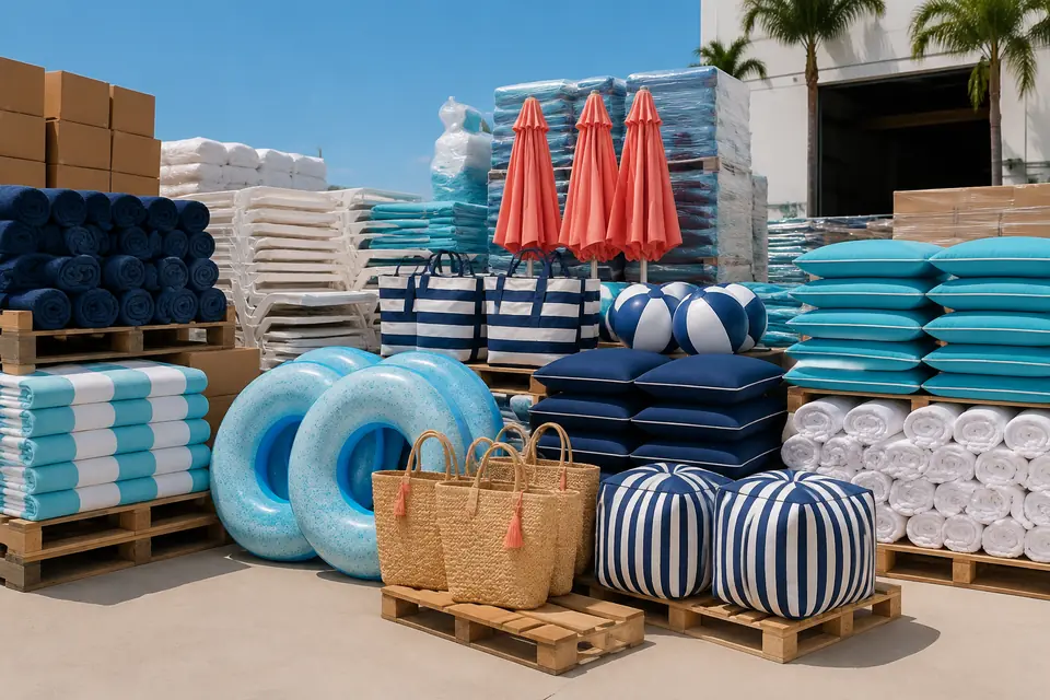 Organized pool and beach supply warehouse supporting multi-property standards