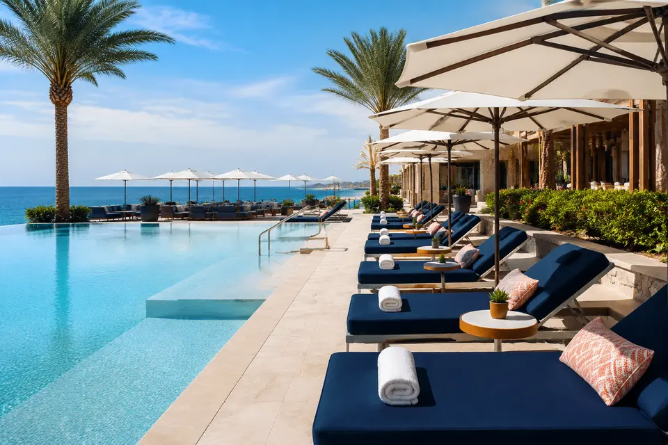 New resort pool and beach terrace furnished for opening