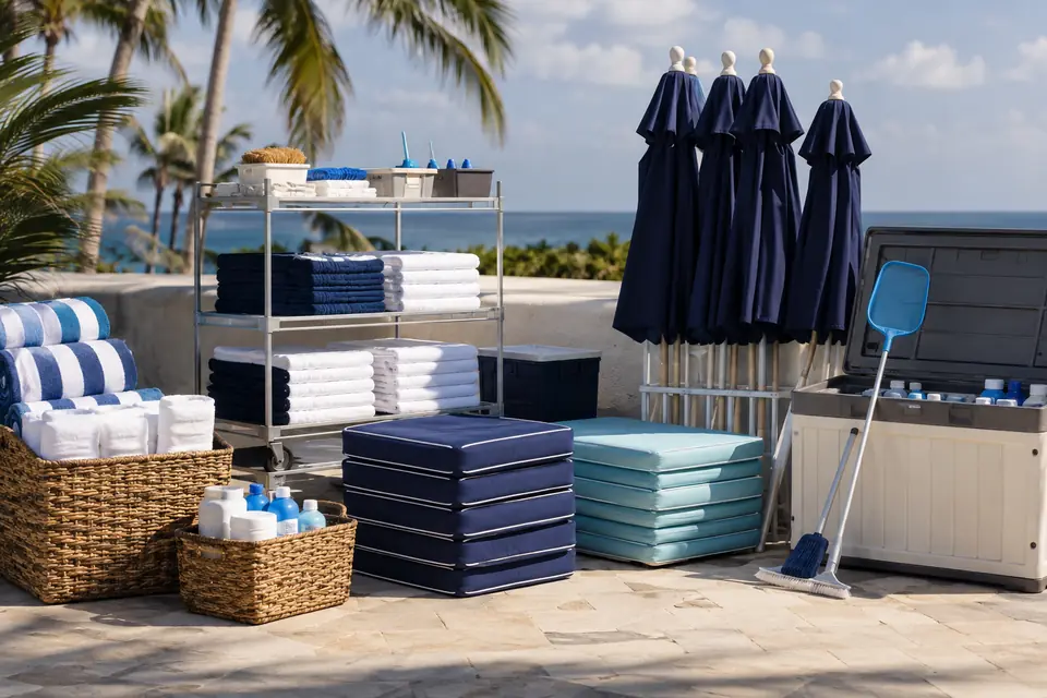 Replacement pool towels, cushions, umbrellas, and maintenance supplies