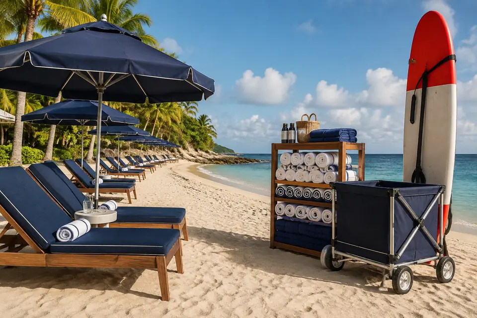 Commercial beach furniture, towel service, transport, and rescue equipment