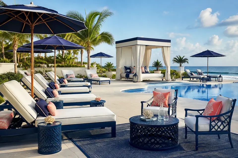 Commercial pool furniture, umbrellas, tables, and cabanas