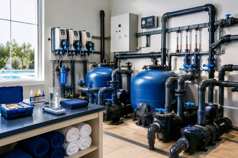 Commercial pool filtration, pumps, dosing, and testing systems