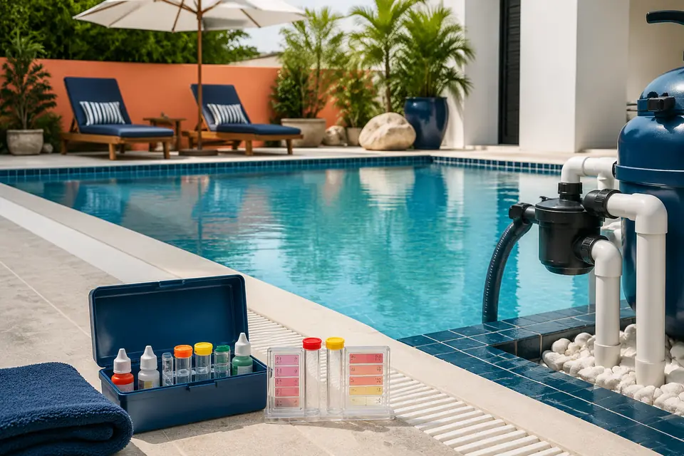 Clear commercial pool with water-testing and filtration equipment