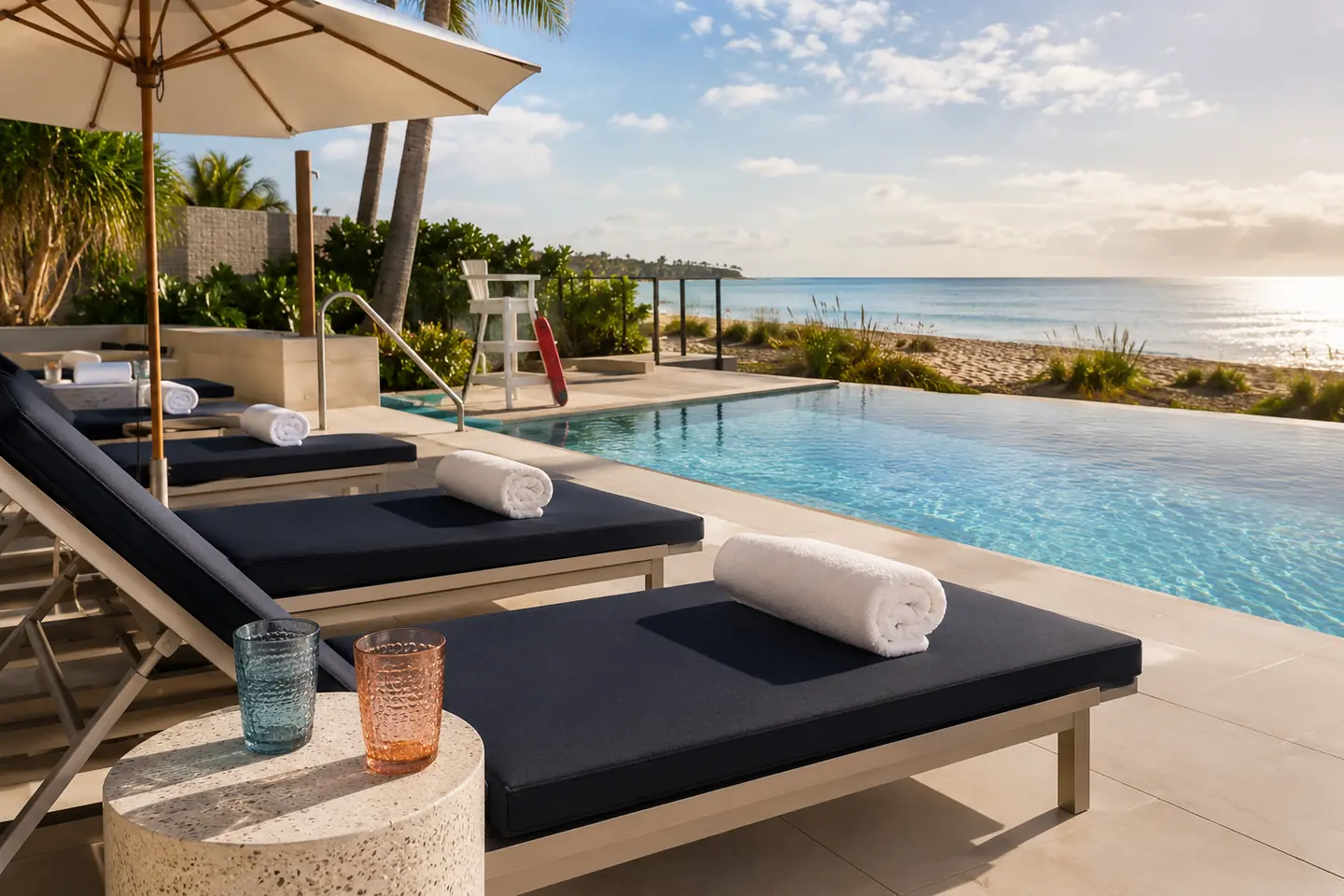 Premium resort pool and beach setting with commercial loungers, umbrellas, towels, drinkware, and lifeguard equipment