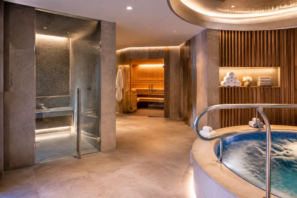 Commercial sauna and hot-tub wet wellness area