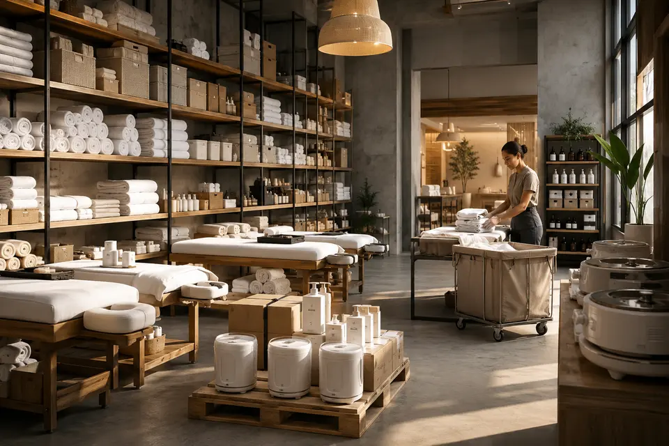 Organized spa equipment and linen staging for multiple hotel properties