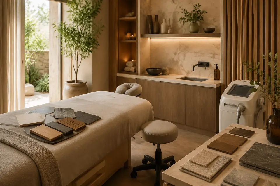 Spa material and equipment finish samples for renovation planning