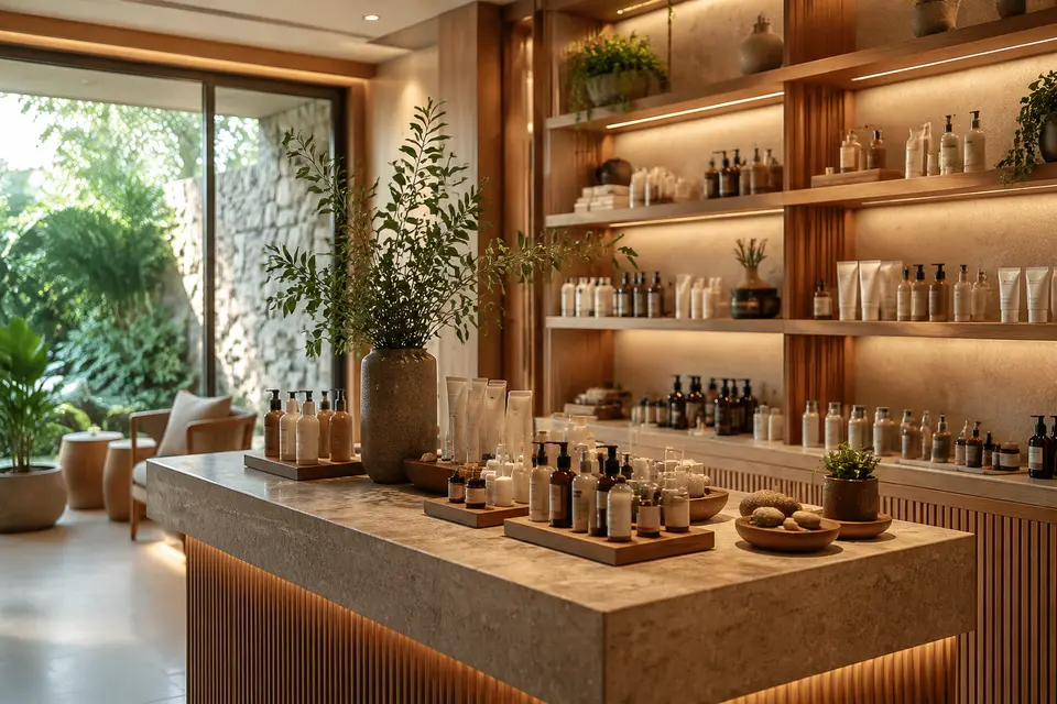 Spa retail display with skincare and aromatherapy products