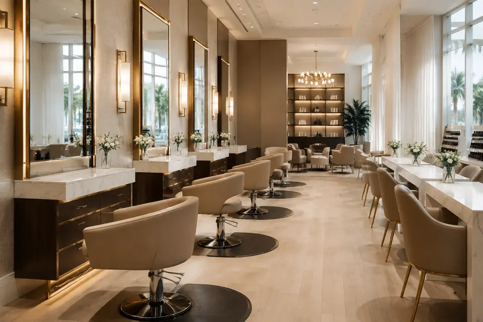 Commercial salon chairs, mirrors, and nail stations