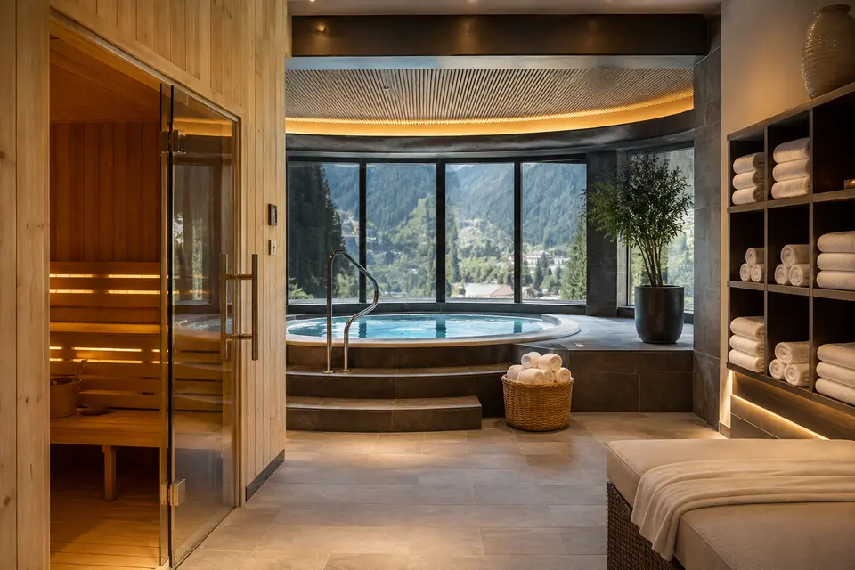 Hotel thermal wellness area with sauna and hot tub