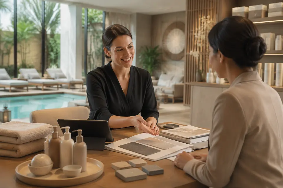 Spa sourcing consultation with product and finish samples