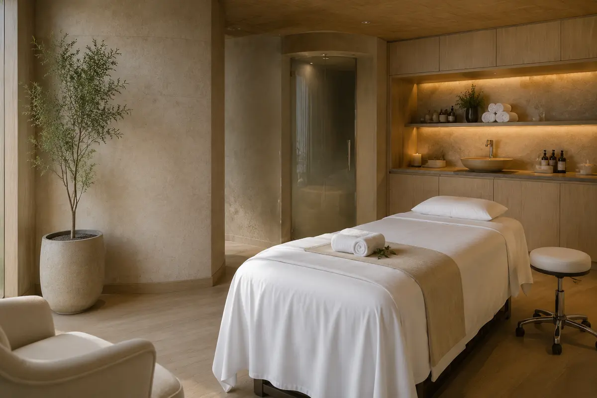Luxury hotel spa treatment suite with coordinated commercial equipment and linens