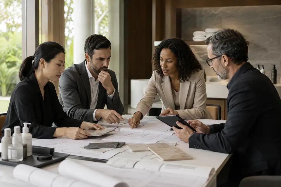 Spa procurement team reviewing equipment samples and specifications