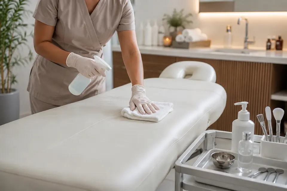 Spa treatment table and tool cleaning workflow