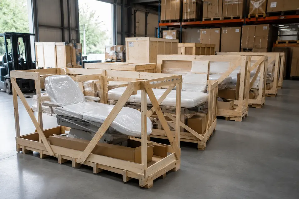 Protected spa equipment prepared for international freight