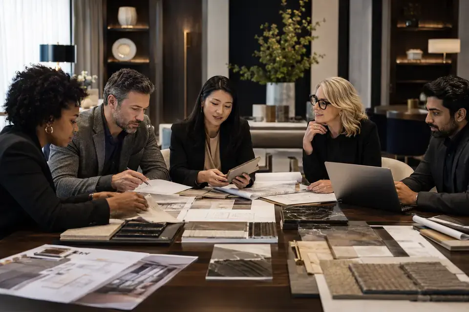 Hospitality buyer reviewing sustainable product samples and specifications