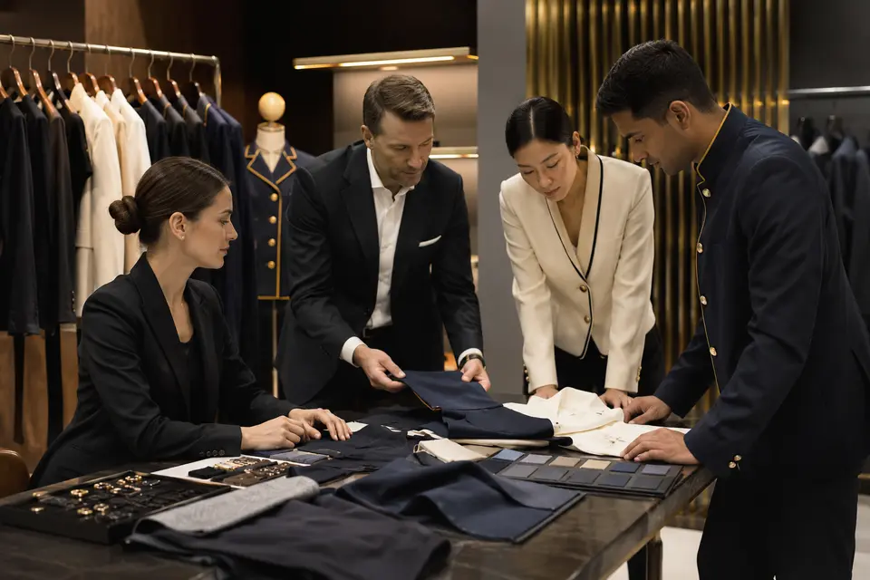 Hotel opening team reviewing a coordinated hospitality uniform collection