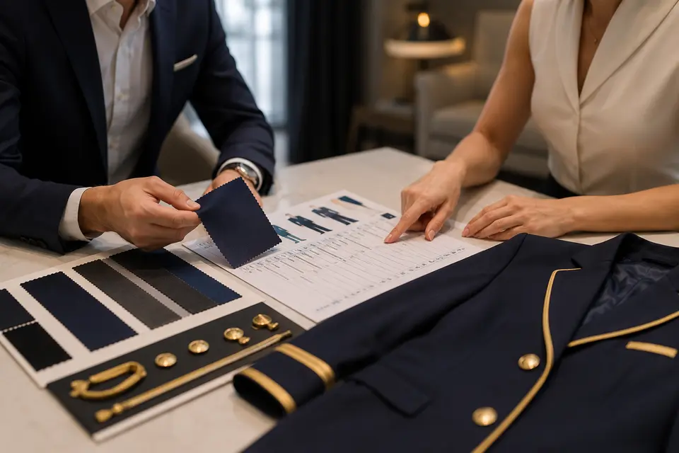 Hospitality uniform consultation with fabric swatches, size planning, and sample garment