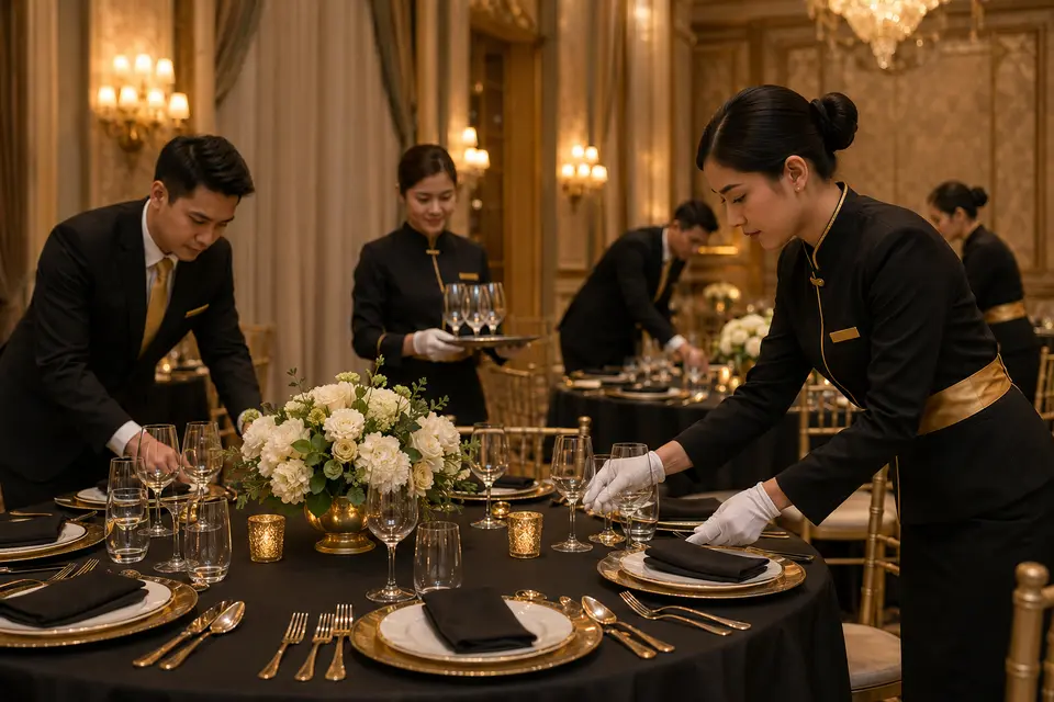 Hotel banquet service team in coordinated formal uniforms