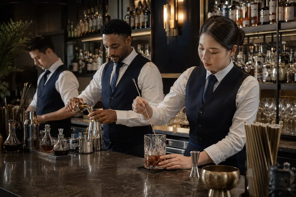 Hotel bar team wearing coordinated bartender uniforms
