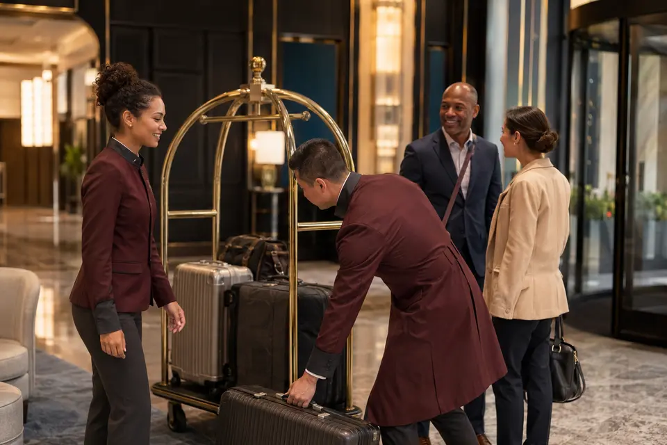Hotel bell team in coordinated tailored uniforms