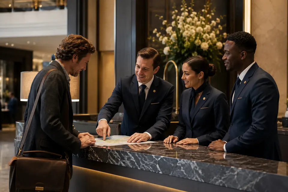 Luxury hotel concierge team in tailored navy uniforms assisting a guest